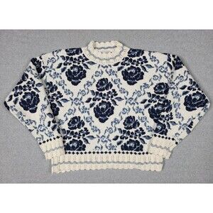 Vintage Designed By Domani  Sweater Large Pullover Floral  Blue White Size L